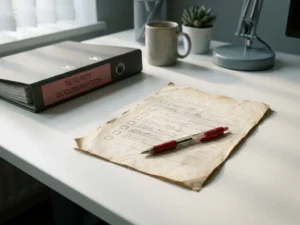 Onvolledig auditchecklist op kantoorbureau met rode pen en beveiligingsdocumentatie, in professionele adviesomgeving.