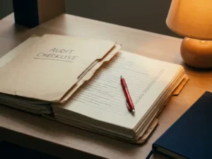 Open auditchecklist map op modern bureau met rode pen op onafgevinkt item, verlicht door amberkleurige bureaulamp.