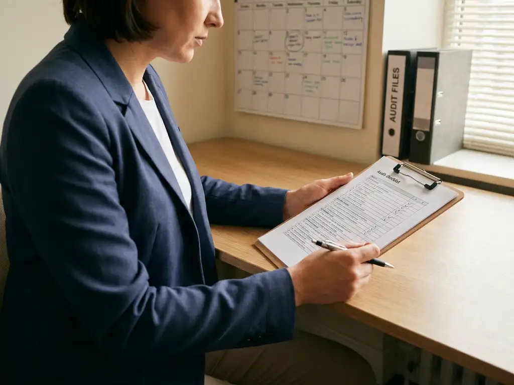Professional die een auditchecklist op een klembord bestudeert aan een opgeruimd modern bureau met agenda en ordner op de achtergrond.