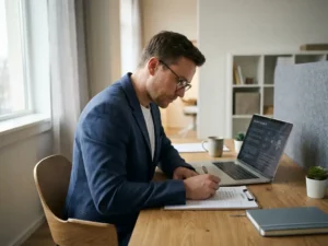 Auditor bekijkt beveiligingschecklist op klembord naast laptop met beveiligingsdocumentatie op modern kantoor.