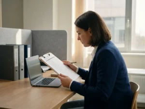 Auditor controleert gestructureerde checklist op klembord aan modern bureau met beveiligingsbeleid mappen en gesloten laptop.
