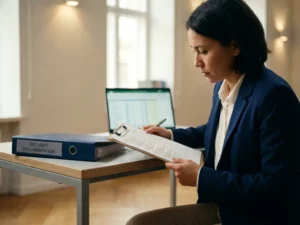 Auditor controleert beveiligingschecklist op klembord aan modern bureau met laptop en beveiligingsdocumentatie op de achtergrond.