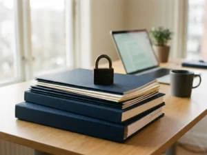 Stapel officiële beleidsmappen op modern bureau met gesloten hangslot, laptop op achtergrond, professionele kantooromgeving.