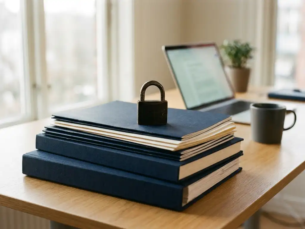 Stapel officiële beleidsmappen op modern bureau met gesloten hangslot, laptop op achtergrond, professionele kantooromgeving.