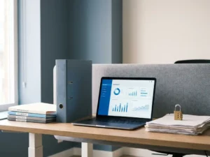 Opgeruimd modern bureau met beleidsmap, kleurgecodeerde documenten, laptop met dashboard en hangslot op papieren stapel.