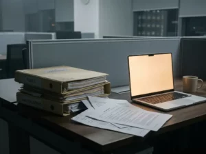 Stapel stoffige ISMS-beleidsboeken naast een gloeiend laptopscherm op een modern bureau, symboliseert de overgang van papier naar digitaal.