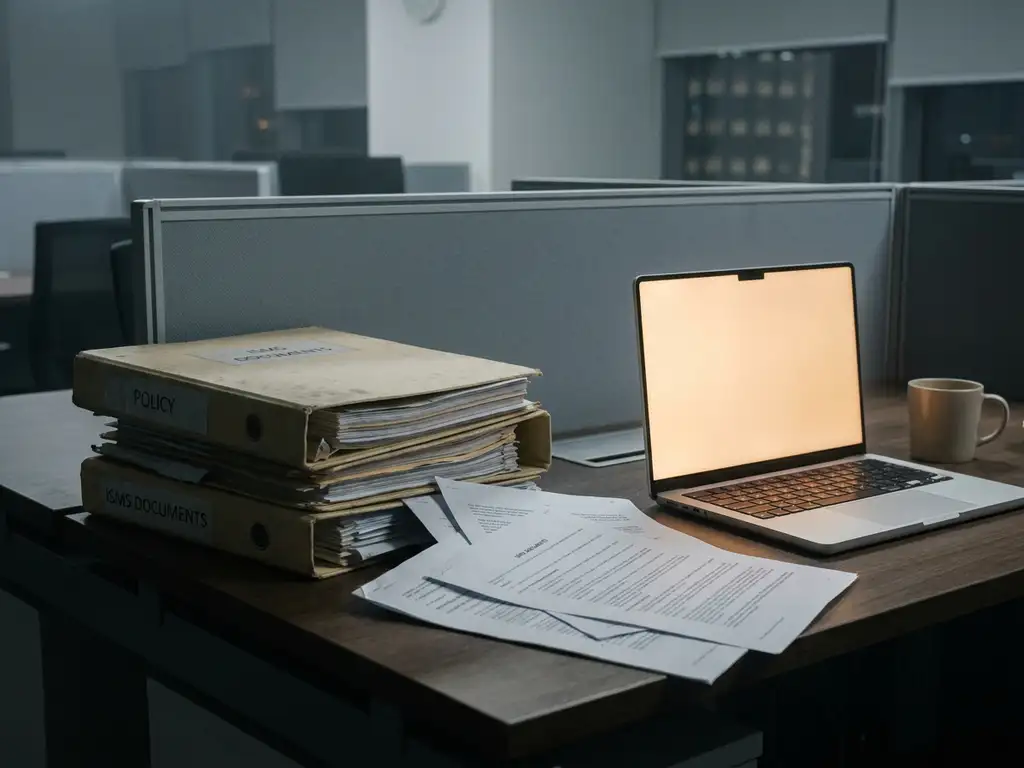 Stapel stoffige ISMS-beleidsboeken naast een gloeiend laptopscherm op een modern bureau, symboliseert de overgang van papier naar digitaal.