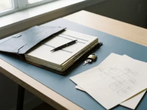 Open beleidsdocument op modern bureau met een klein hangslot, pen en organisatieschema, in leisteenblauw en gebroken wit.