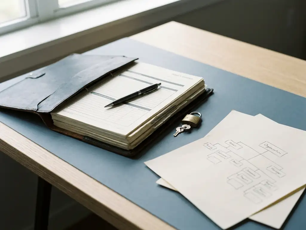 Open beleidsdocument op modern bureau met een klein hangslot, pen en organisatieschema, in leisteenblauw en gebroken wit.