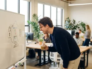 Kantoormedewerker bestudeert een beveiligingsdiagram op een whiteboard in een lichte open werkruimte met koffie op het bureau.