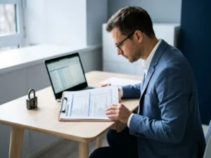 Professional die een beveiligingsaudit checklist op klembord bestudeert aan modern bureau met laptop en slotpictogram.