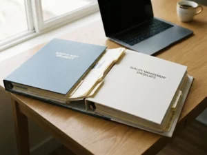 Twee open ordners met beveiligingsaudit- en kwaliteitsdocumenten die samensmelten op een modern bureau, met laptop en koffiekopje op de achtergrond.