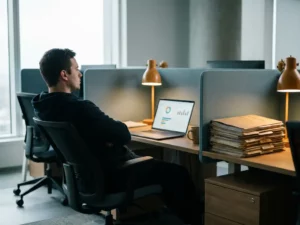 Medewerker leunt achterover in bureaustoel voor beveiligingsdashboard op laptop, stapel compliance-mappen ongebruikt op bureau.