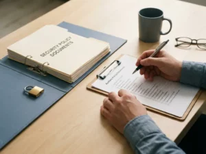 Auditor controleert beveiligingschecklist op klembord naast beleidsmap en hangslot op modern kantoorbureau.