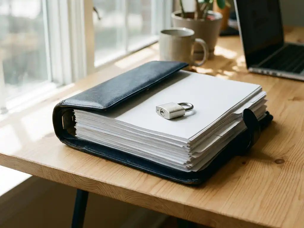 Open ordner met beveiligingsbeleidsdocumenten op modern houten bureau, met klein hangslot bovenop de pagina's in zacht natuurlijk licht.