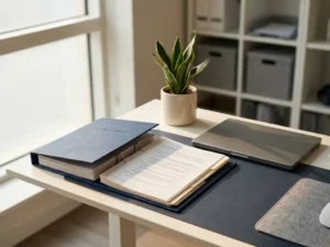 Minimalistische werkplek met open ordner vol beveiligingsdocumenten, laptop en kamerplant in marineblauw en warmwit.