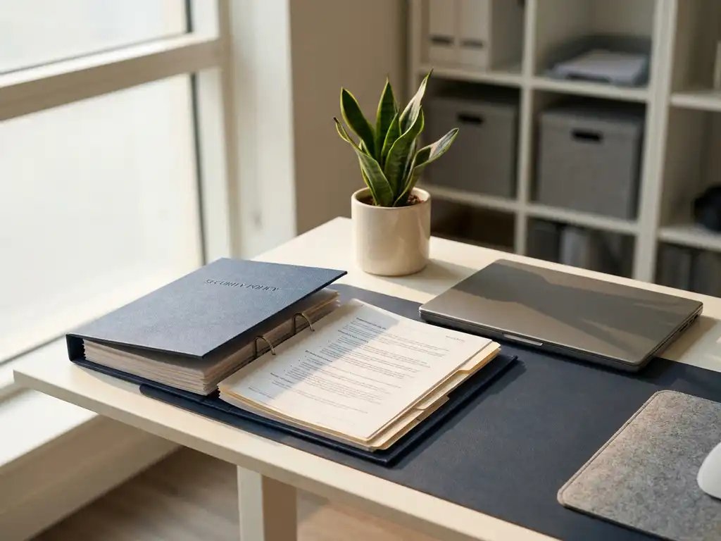 Minimalistische werkplek met open ordner vol beveiligingsdocumenten, laptop en kamerplant in marineblauw en warmwit.