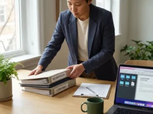 Professional ordent beveiligingsbeleid-mappen en klembord met checklist op modern bureau, laptop met documentatie ernaast.