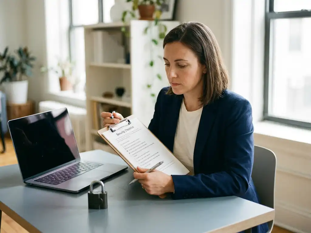 Professional die een beveiligingschecklist op een klembord bestudeert aan een modern bureau met laptop en slot-paperweight.