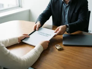 Beveiligingsconsultant schuift compliance-checklist over vergadertafel naar leverancier, met laptop en hangslot ernaast, kantooromgeving.
