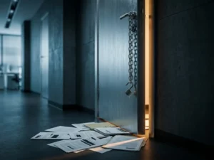 Zware stalen deur op een kier in kantoorgang, loshangende ketting en open hangslot, gevoelige documenten zichtbaar op de vloer.