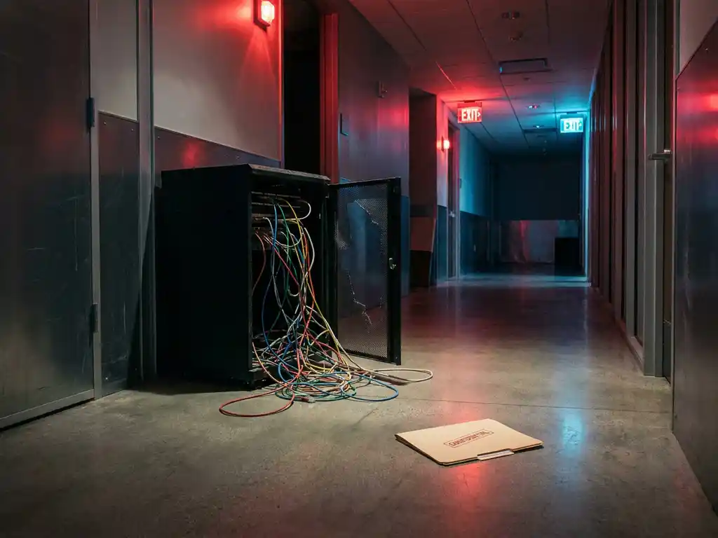 Open serverkaст met verstrengelde kabels op betonvloer, vertrouwelijk document ernaast, rood noodlicht in donkere bedrijfsgang.