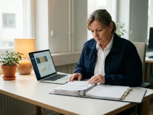 Beveiligingsfunctionaris bestudeert beleidsmap aan modern bureau met laptop en dashboard, verlicht door zacht natuurlijk raamlicht.