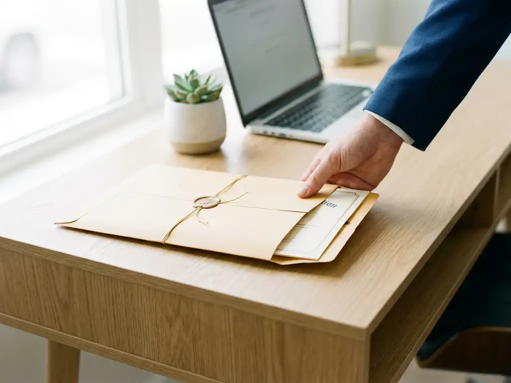 Professionele hand die een verzegelde certificeringsdocument in manila envelop op modern bureau plaatst, laptop en plant op achtergrond.