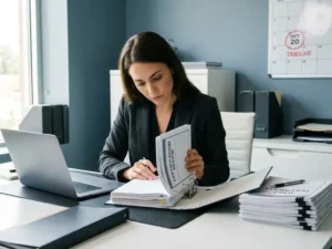 Professional die een certificeringsbundel bestudeert naast een laptop, met auditdocumenten en een deadline-kalender op een modern bureau.