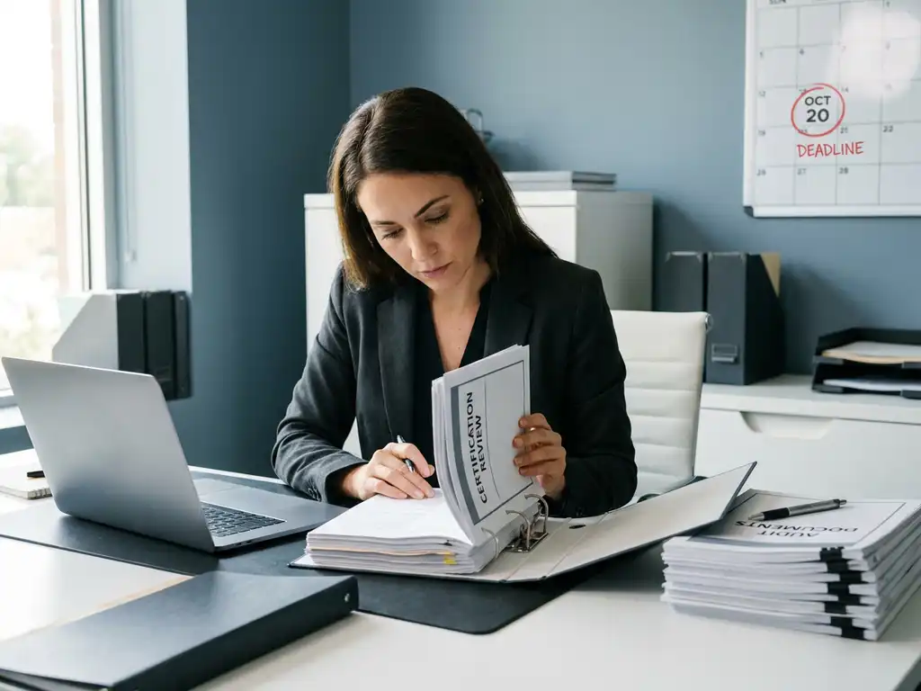 Professional die een certificeringsbundel bestudeert naast een laptop, met auditdocumenten en een deadline-kalender op een modern bureau.