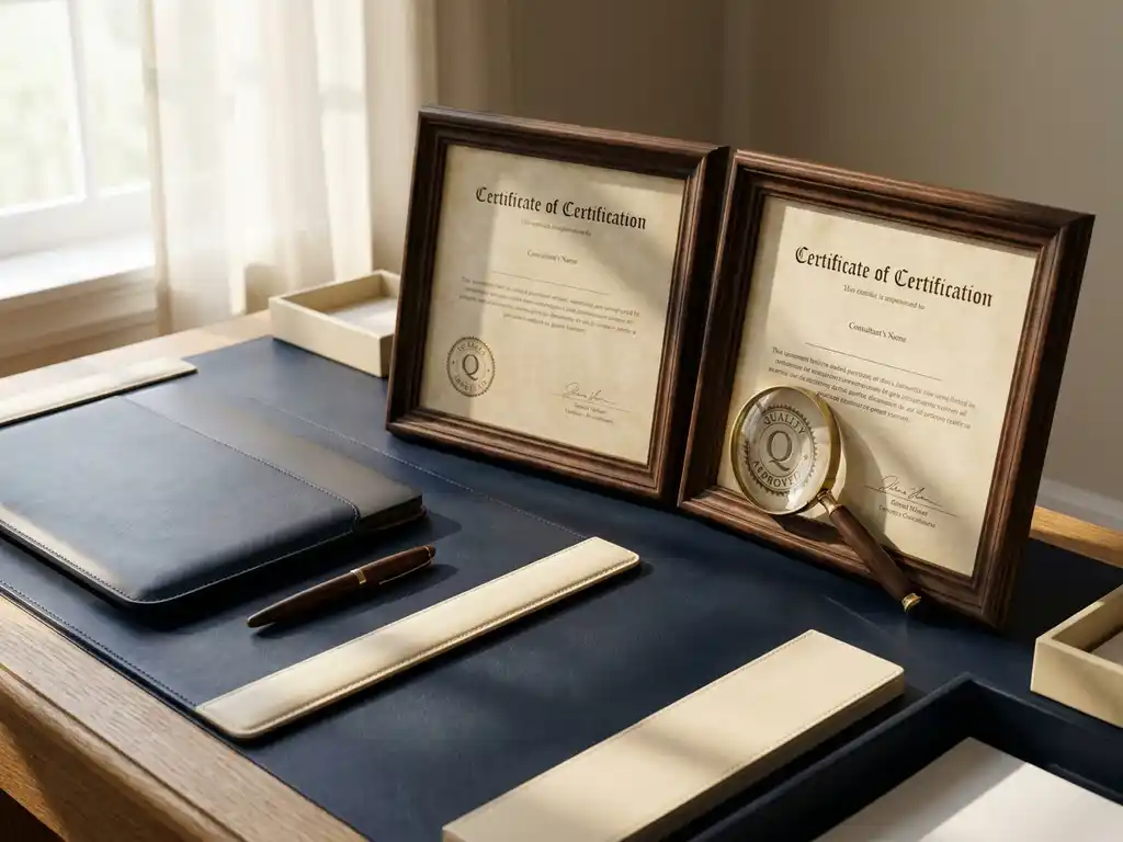 Twee officiële certificeringsdocumenten op een consultant bureau met vergrootglas op kwaliteitszegel, laptop en pen op de achtergrond.