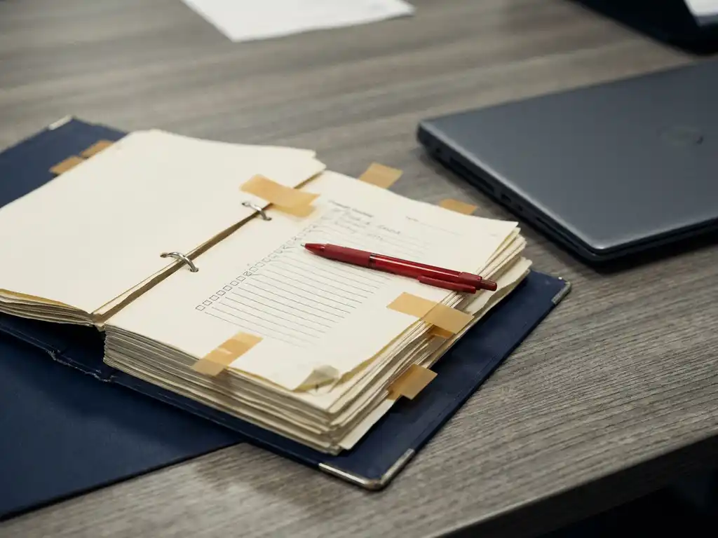 Opengeslagen certificeringmap met ezelsoren en sticky notes op een kantoorbureau, rode pen op onvolledige checklistpagina's, laptop op achtergrond.