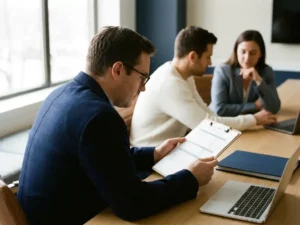 Professional die een gestructureerde checklist op een klembord bestudeert aan een moderne vergadertafel, collega's op de achtergrond.