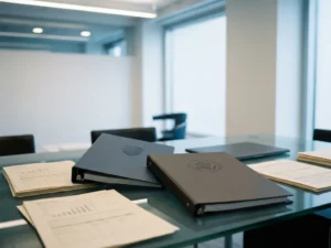 Twee open ordners met embleem en overheidszegel op glazen bureau, omringd door compliance-documenten en laptop in modern kantoor.