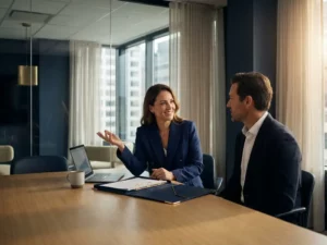 Consultant en klant aan vergadertafel met open certificeringmap en laptop in modern kantoor met glazen wanden.