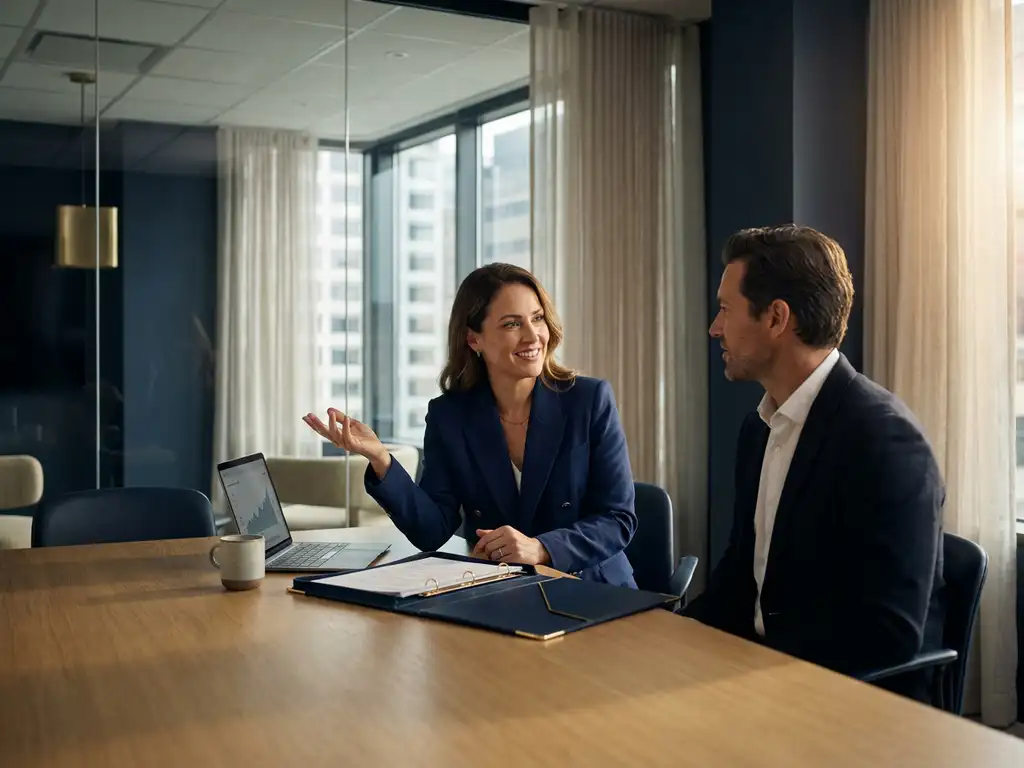 Consultant en klant aan vergadertafel met open certificeringmap en laptop in modern kantoor met glazen wanden.