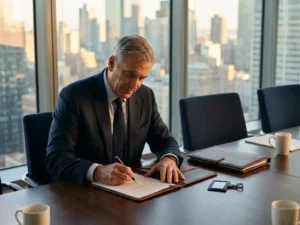 Senior executive in maatpak ondertekent formeel document aan vergadertafel, met leren portfolio en beveiligingsbadge, kantoorgebouwen op achtergrond.