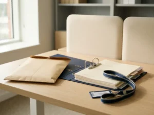 Dichtgevouwen manila envelop op modern bureau naast open ISO-certificeringsbinder en veiligheidsbadge lanyard in zacht kantoorlicht.