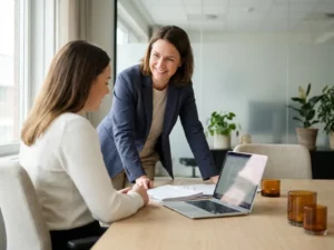 Externe consultant en teamlid in gesprek aan modern bureau met open map en laptop, warme samenwerking in licht kantoor.