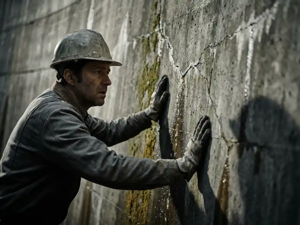 Ingenieur met helm voelt aan gebarsten betonnen damwand met sijpelend water door haarscheuren, dramatisch zijlicht.