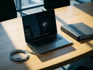 Gebarsten laptopscherm op kantoorbureau met loshangende ethernetkabel en gesloten beveiligingsauditmap in dramatisch zijlicht.