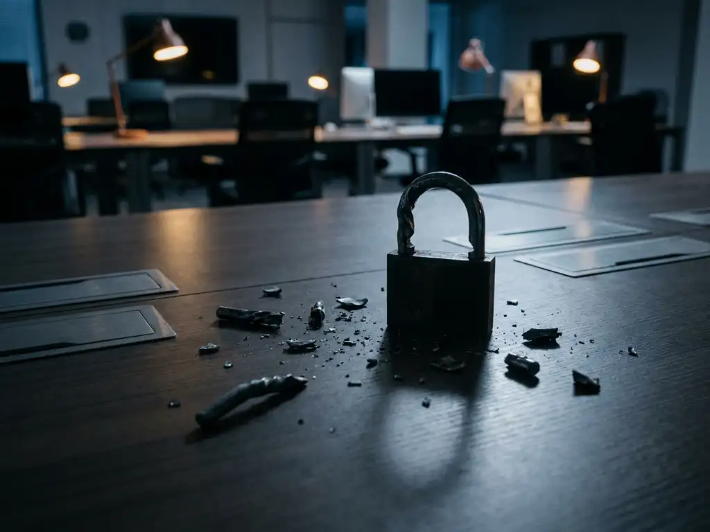 Gebroken hangslot met verspreid metaalschroot op modern kantoorbureau, dramatisch zijlicht in donkere kantooromgeving.