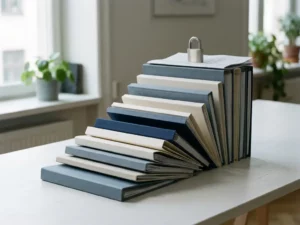 Kleurgecodeerde mappen en documenten in trapvormige opstelling op wit bureau, met hangslot bovenop, in blauw-witte kantoortinten.