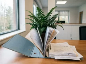 Weelderige groene plant groeiend vanuit een open ordner met auditdocumenten op een modern kantoorbureau.