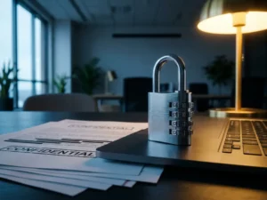 Combinatieslot op laptoptoetsenbord met vertrouwelijke documenten, symboliseert digitale gegevensbeveiliging op kantoor.