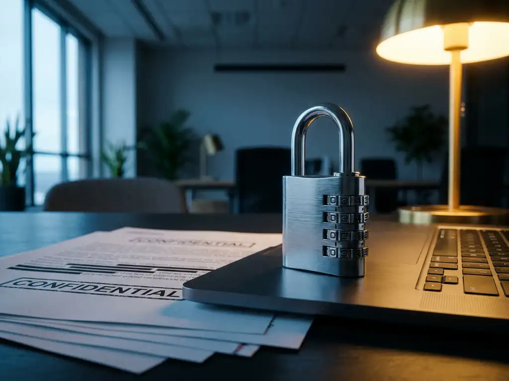Combinatieslot op laptoptoetsenbord met vertrouwelijke documenten, symboliseert digitale gegevensbeveiliging op kantoor.