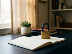 Stevig hangslot op een open notitieboek naast een potplant op een opgeruimd bureau, verlicht door natuurlijk raamlicht.