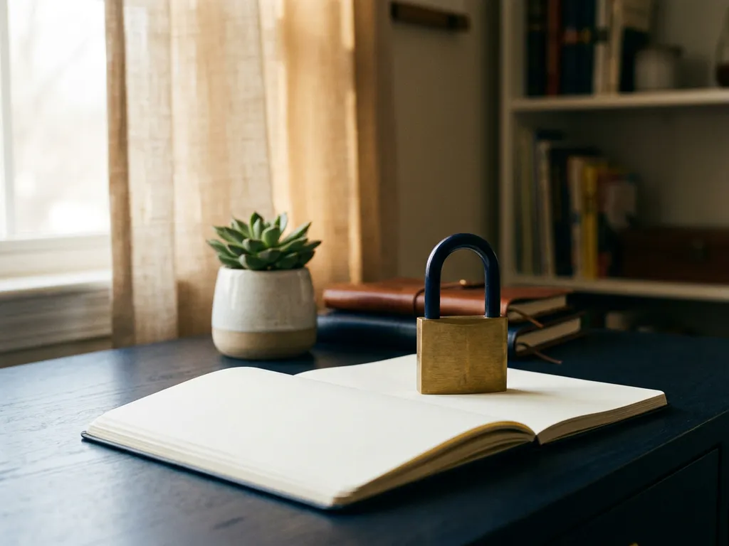 Stevig hangslot op een open notitieboek naast een potplant op een opgeruimd bureau, verlicht door natuurlijk raamlicht.