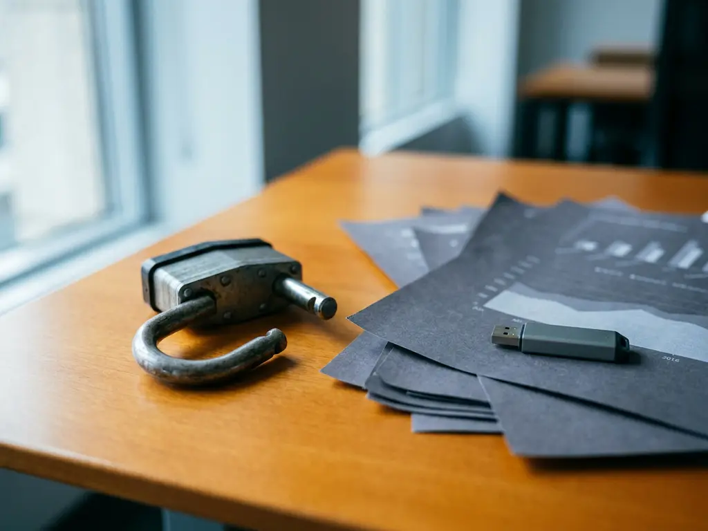 Open hangslot op kantoorbureau naast vertrouwelijke documenten en USB-stick, symboliseert databeveiliging kwetsbaarheid.
