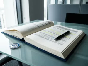 Open officieel documentmap met gestructureerde checklists en ISO 27001-certificeringsbadge op glazen bureau met zwarte pen.
